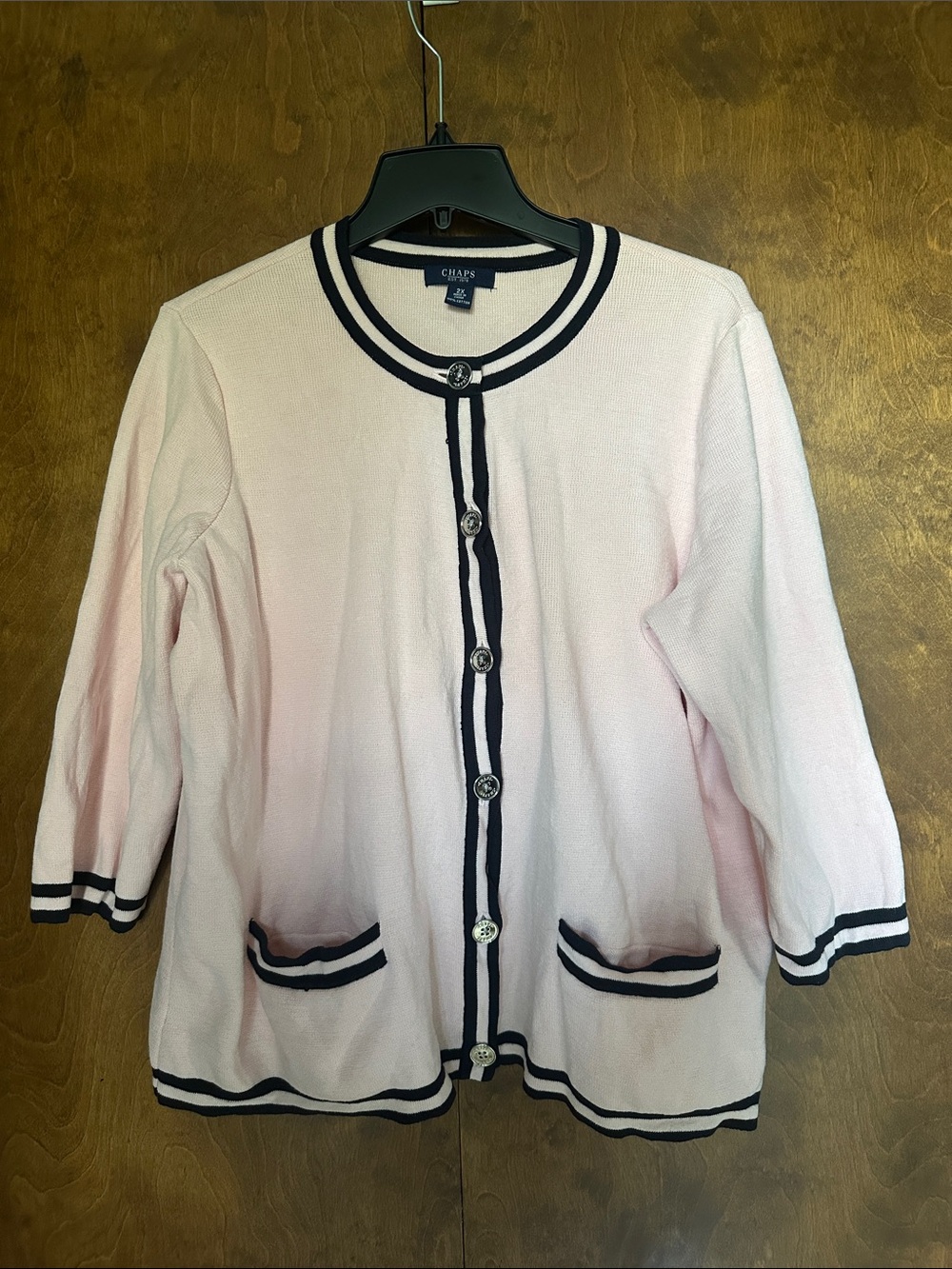 Chaps 100% Cotton Pink Cardigan with Black Trim and Silver Buttons